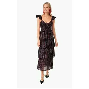New SAYLOR Sequined Quintana Tiered Textured Midi Dress Black Womens Size XS